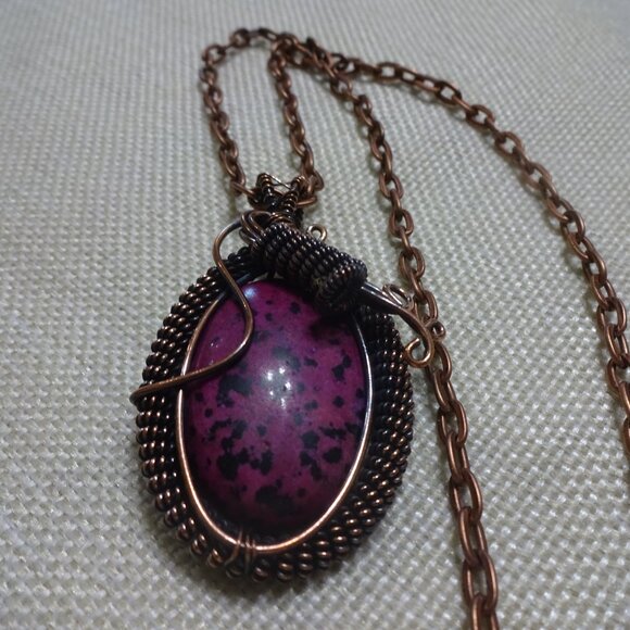 Rustic DENDRITE OPAL Handmade COPPER WIRE-WRAPPED PENDANT/Chain #992B - Picture 2 of 3